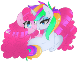 Size: 1280x1026 | Tagged: safe, artist:euphoriapony, artist:vivian reed, imported from derpibooru, pinkie pie, rarity, earth pony, pony, unicorn, it isn't the mane thing about you, alternate hairstyle, female, lesbian, looking at each other, punk, raripie, raripunk, shipping, simple background, smiling, transparent background