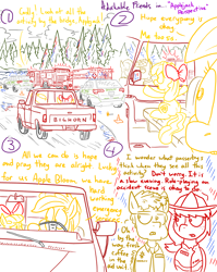 Size: 1280x1611 | Tagged: safe, artist:adorkabletwilightandfriends, imported from derpibooru, apple bloom, applejack, oc, oc:deputy tucker, oc:firefighter spray, earth pony, pony, comic:adorkable twilight and friends, adorkable friends, ambulance, car, comic, dialogue, fire engine, firefighter, freckles, jeep, jeep grand cherokee, lineart, looking at each other, pickup, pickup truck, police car, sheriff, sitting, slice of life, suv, traffic cone, tree, truck