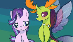 Size: 2474x1419 | Tagged: safe, artist:nika191319, imported from derpibooru, starlight glimmer, thorax, changedling, changeling, pony, unicorn, blushing, female, glimax, king thorax, male, mare, shipping, smiling, straight