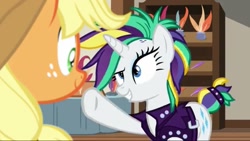 Size: 1024x576 | Tagged: safe, imported from derpibooru, screencap, applejack, rarity, it isn't the mane thing about you, alternate hairstyle, punk, raripunk