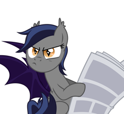 Size: 2500x2289 | Tagged: safe, artist:inudewaruika, imported from derpibooru, oc, oc only, oc:echo, bat pony, pony, female, looking at you, mare, newspaper, reaction image, scowl, simple background, solo, transparent background, vector