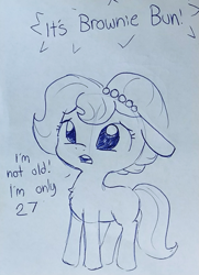 Size: 889x1228 | Tagged: safe, artist:tjpones, imported from derpibooru, oc, oc only, oc:brownie bun, earth pony, pony, horse wife, chest fluff, dialogue, floppy ears, lineart, monochrome, solo, traditional art