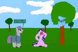 Size: 1152x768 | Tagged: safe, artist:hakar-kerarmor, derpibooru exclusive, imported from derpibooru, maud pie, starlight glimmer, earth pony, pony, unicorn, aaugh!, female, kite, kite-eating tree, mare, nose in the air, peanuts, screaming, tree