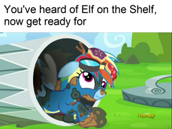 Size: 1280x960 | Tagged: safe, imported from derpibooru, screencap, rainbow dash, pegasus, pony, newbie dash, clothes, derp, discovery family logo, elf on the shelf, female, mare, meme, name pun, pun, rainbow trash, scrunchy face, trash, trash can, uniform, wonderbolts uniform