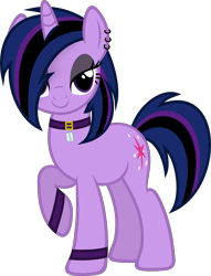 Size: 3435x4500 | Tagged: safe, artist:slb94, imported from derpibooru, twilight sparkle, unicorn, alternate character interpretation, alternate hairstyle, armband, collar, ear piercing, eyeshadow, female, goth, gothlight sparkle, lidded eyes, looking at you, makeup, mare, piercing, simple background, smiling, solo, tomboy, transparent background, unicorn twilight, vector