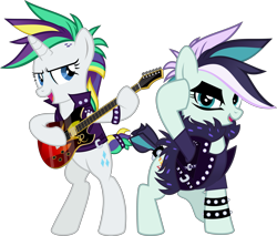 Size: 7095x6039 | Tagged: safe, artist:jhayarr23, imported from derpibooru, coloratura, rarity, earth pony, pony, unicorn, it isn't the mane thing about you, absurd resolution, alternate clothes, alternate costumes, alternate hairstyle, bipedal, clothes, countess coloratura, electric guitar, eyeshadow, guitar, guitarity, jacket, leather, leather jacket, makeup, multicolored hair, multicolored mane, multicolored tail, musical instrument, open mouth, punk, rara, rarapunk, rarararara, raripunk, simple background, tail, tomboy, transparent background