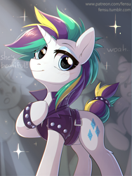 Size: 1508x2002 | Tagged: safe, artist:fensu-san, imported from derpibooru, rarity, pony, unicorn, it isn't the mane thing about you, alternate hairstyle, audience, clothes, eyeshadow, female, looking at you, makeup, mare, punk, raripunk, short hair, smiling, solo focus, spiked wristband, studded bracelet, wristband