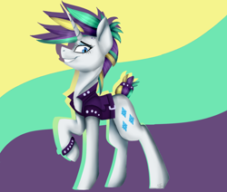 Size: 1538x1303 | Tagged: safe, artist:sayonaraf, imported from derpibooru, rarity, pony, it isn't the mane thing about you, alternate hairstyle, clothes, female, jacket, mare, punk, raripunk, short hair, smiling, solo