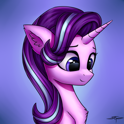 Size: 3000x3000 | Tagged: safe, artist:setharu, imported from derpibooru, starlight glimmer, pony, unicorn, beautiful, bust, chest fluff, commission, cute, ear fluff, female, glimmerbetes, looking down, mare, signature, smiling, solo