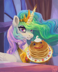 Size: 800x985 | Tagged: safe, artist:nemo2d, imported from derpibooru, princess celestia, alicorn, pony, a royal problem, crown, female, food, jewelry, looking at you, mare, pancakes, regalia, smiling, solo