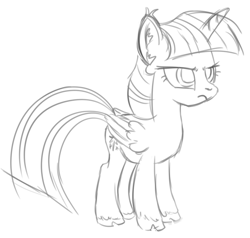 Size: 1231x1170 | Tagged: safe, artist:faience, imported from derpibooru, twilight sparkle, alicorn, black and white, cloven hooves, ear fluff, female, folded wings, grayscale, mare, monochrome, sketch, twilight sparkle (alicorn), unamused, unshorn fetlocks, wip