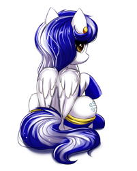 Size: 759x946 | Tagged: safe, artist:confetticakez, imported from derpibooru, oc, oc only, oc:jet stream, pegasus, pony, clothes, cute, ear piercing, earring, female, folded wings, jewelry, looking at you, looking back, looking back at you, mare, ocbetes, piercing, rear view, simple background, sitting, socks, solo, white background