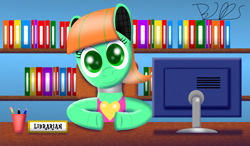 Size: 3414x1998 | Tagged: safe, artist:trackheadtherobopony, imported from derpibooru, oc, oc only, oc:goldheart, original species, pony, robot, robot pony, book, bookshelf, computer, cute, library, pen, pencil, solo