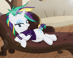 Size: 3215x2566 | Tagged: safe, artist:shutterflyeqd, imported from derpibooru, rarity, pony, unicorn, it isn't the mane thing about you, alternate hairstyle, couch, draw me like one of your french girls, female, looking at you, mare, punk, raripunk, solo, titanic