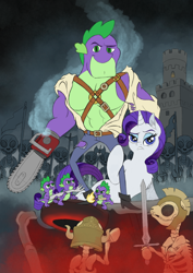 Size: 2480x3508 | Tagged: safe, artist:fuzzbird, imported from derpibooru, rarity, spike, dragon, skeleton pony, army of darkness, beefspike, bone, chainsaw, evil dead, female, male, parody, shipping, skeleton, sparity, straight