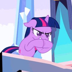 Size: 500x500 | Tagged: safe, artist:dtkraus, edit, edited screencap, imported from derpibooru, screencap, twilight sparkle, pony, unicorn, the crystal empire, evil grin, evil twilight, female, gendo pose, gif, grin, hooves together, non-animated gif, pure unfiltered evil, scheming, smiling, solo, unicorn twilight