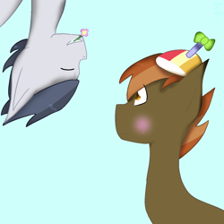 Size: 1024x1024 | Tagged: safe, artist:yara-art-studio10, imported from derpibooru, button mash, rumble, earth pony, pegasus, pony, blushing, colt, eyes closed, flower, gay, male, mouth hold, romantic, rumblemash, shipping, upside down