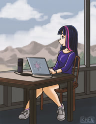 Size: 638x825 | Tagged: safe, artist:kprovido, imported from derpibooru, twilight sparkle, human, chair, clothes, cloud, computer, converse, female, humanized, laptop computer, mountain, scenery, shirt, shoes, sitting, sky, sneakers, solo, table