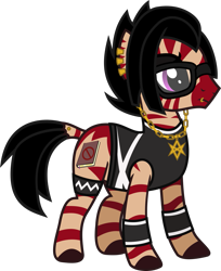 Size: 861x1057 | Tagged: safe, artist:lightningbolt, derpibooru exclusive, imported from derpibooru, oc, oc only, oc:covert pretense, zebra, .svg available, ambiguous gender, bring me the horizon, chains, clothes, dock, dock piercing, ear piercing, earring, eyeliner, eyeshadow, glasses, hair over one eye, jewelry, leg band, lidded eyes, lip piercing, makeup, necklace, piercing, pokémon, sad, show accurate, simple background, solo, stripes, svg, tanktop, team skull, thelema, thug, transparent background, vector, wristband, zebra oc