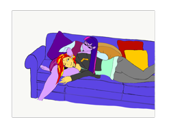 Size: 2732x2048 | Tagged: safe, artist:invaderody, imported from derpibooru, sci-twi, sunset shimmer, twilight sparkle, equestria girls, cuddling, female, lesbian, looking at each other, one eye closed, pillow, scitwishimmer, shipping, simple background, smiling, sofa bed, sunsetsparkle, transparent background