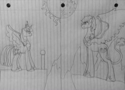 Size: 1024x733 | Tagged: safe, artist:lionpatriot, imported from derpibooru, twilight sparkle, oc, oc:black angel, alicorn, pegasus, pony, alicorn oc, female, grayscale, lined paper, mare, monochrome, traditional art, twilight sparkle (alicorn)