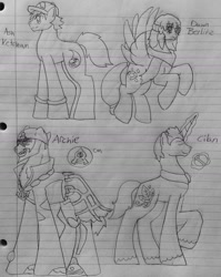 Size: 1024x1286 | Tagged: safe, artist:lionpatriot, imported from derpibooru, crystal pony, earth pony, pegasus, pony, unicorn, archie (pokemon), ash ketchum, cilan, crossover, dawn berlitz, grayscale, lined paper, monochrome, pokémon, ponified, traditional art