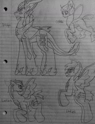 Size: 1024x1331 | Tagged: safe, artist:lionpatriot, imported from derpibooru, celebi, changeling, dialga, kirin, latias, latios, pegasus, pony, crossover, grayscale, lined paper, monochrome, pokémon, ponified, traditional art