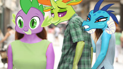 Size: 800x450 | Tagged: safe, artist:epicrainbowpie, editor:epicrainbowpie, imported from derpibooru, princess ember, spike, thorax, changedling, changeling, dragon, angry, bedroom eyes, changeling x dragon, distracted boyfriend meme, dragoness, emberspike, eyes on the prize, female, frown, gay, glare, gritted teeth, infidelity, king thorax, looking back, male, meme, shipping, smiling, straight, thoraxspike