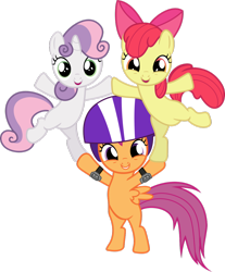 Size: 1024x1236 | Tagged: safe, artist:caffeinejunkie, imported from derpibooru, apple bloom, scootaloo, sweetie belle, earth pony, pegasus, pony, unicorn, flight to the finish, adorabloom, belly, bipedal, bow, cute, cutealoo, cutie mark crusaders, diasweetes, elbow pads, female, filly, hair bow, helmet, looking at you, open mouth, pyramid, simple background, transparent background, vector