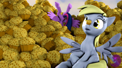 Size: 4000x2250 | Tagged: safe, artist:thevioletghost, imported from derpibooru, derpy hooves, twilight sparkle, alicorn, pegasus, pony, 3d, cute, food, muffin, source filmmaker, twilight sparkle (alicorn)