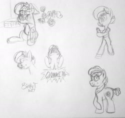 Size: 1742x1643 | Tagged: safe, artist:binkyt11, imported from derpibooru, oc, oc only, oc:eileen hunt, oc:nurse bloodlust, oc:penelope, anthro, earth pony, pegasus, pony, semi-anthro, unicorn, anthro with ponies, clipboard, ear flick, ear twitch, female, kicking, mare, monochrome, neckerchief, nurse, sick, sneezing, speech bubble, traditional art, vulgar