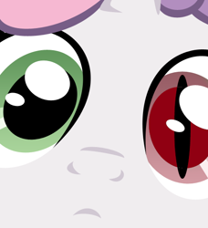 Size: 500x549 | Tagged: safe, imported from derpibooru, sweetie belle, demon, pony, unicorn, mentally advanced series, rainbow dash presents, adoracreepy, close-up, creepy, cute, female, filly, heterochromia, meme, possessed, possession, solo, stare, thrackerzod