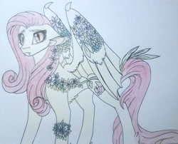 Size: 835x676 | Tagged: safe, artist:evergreen-gemdust, imported from derpibooru, fluttershy, bat pony, pony, fangs, female, flower, flutterbat, race swap, simple background, slit eyes, slit pupils, solo, traditional art