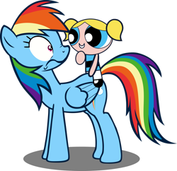 Size: 900x870 | Tagged: safe, artist:youki506, imported from derpibooru, rainbow dash, pegasus, pony, double rainboom, bubbles (powerpuff girls), crossover, female, humans riding ponies, ride, rider, riding, simple background, the powerpuff girls, transparent background, wide eyes