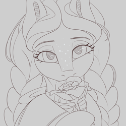 Size: 3600x3600 | Tagged: safe, artist:askamberfawn, imported from derpibooru, oc, oc only, oc:dahlia, crystal pony, pony, braid, clothes, dress, female, flower, freckles, looking at you, mare, monochrome, rose, sketch, solo