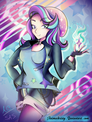 Size: 1024x1365 | Tagged: safe, alternate version, artist:animechristy, imported from derpibooru, starlight glimmer, equestria girls, mirror magic, spoiler:eqg specials, alternate clothes, alternate costumes, anime, beanie, chains, clothes, cute, cutie mark, female, fingerless gloves, fire, gloves, hat, jacket, looking at you, shorts, solo, stars, wavy mouth