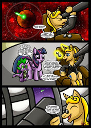 Size: 827x1169 | Tagged: safe, artist:darklamprey, imported from derpibooru, spike, twilight sparkle, alicorn, dragon, pony, unicorn, comic:equestria's war of the worlds, comic, crossover, female, male, mare, mars, observatory, planet, stallion, telescope, the war of the worlds, this will end in tears and/or death, twilight sparkle (alicorn)