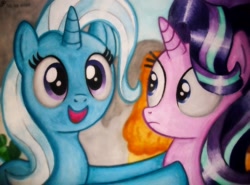 Size: 3072x2274 | Tagged: safe, artist:pixel-radiation, imported from derpibooru, starlight glimmer, trixie, pony, unicorn, all bottled up, duo, traditional art