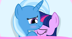 Size: 1048x570 | Tagged: safe, artist:navitaserussirus, imported from derpibooru, trixie, twilight sparkle, pony, unicorn, cropped, eyes closed, female, hug, lesbian, mare, shipping, twixie