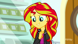 Size: 1280x720 | Tagged: safe, imported from derpibooru, screencap, sunset shimmer, eqg summertime shorts, equestria girls, pet project, clothes, female, jacket, leather jacket, smiling, solo