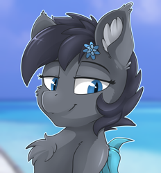 Size: 4120x4432 | Tagged: safe, artist:php40, deleted from derpibooru, imported from derpibooru, oc, oc only, oc:seachell, bat pony, pony, chest fluff, flower, flower in hair, smiling, solo