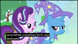 Size: 1920x1080 | Tagged: safe, edit, edited screencap, imported from derpibooru, screencap, starlight glimmer, trixie, pony, unicorn, to change a changeling, berlin, clothes, female, germany, mare, meme, youtube caption