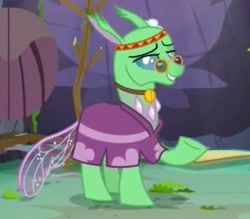 Size: 821x720 | Tagged: safe, imported from derpibooru, screencap, free love (changedling), changedling, changeling, season 7, to change a changeling, clothes, cropped, grin, hippieling, lidded eyes, needs more jpeg, pince-nez, raised hoof, smiling, solo, tymbal