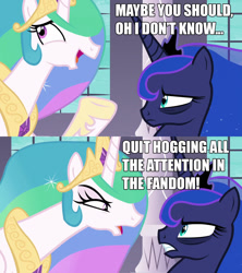 Size: 1280x1440 | Tagged: safe, edit, edited screencap, imported from derpibooru, screencap, princess celestia, princess luna, pony, a royal problem, angry, background pony strikes again, image macro, meme, meta, op has a point