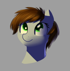 Size: 658x675 | Tagged: safe, artist:neuro, imported from derpibooru, oc, oc only, oc:littlepip, pony, fallout equestria, bust, fanfic, fanfic art, female, gray background, mare, missing horn, portrait, simple background, smiling, solo