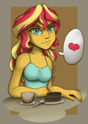 Size: 764x1080 | Tagged: safe, artist:gabbslines, imported from derpibooru, sunset shimmer, equestria girls, breasts, clothes, cup, food, heart, looking at you, pictogram, pie, plate