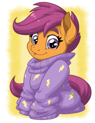 Size: 2550x3300 | Tagged: safe, artist:latecustomer, imported from derpibooru, scootaloo, pegasus, pony, clothes, cute, cutealoo, female, filly, looking at you, oversized clothes, smiling, solo, sweater