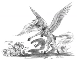 Size: 1400x1094 | Tagged: safe, artist:baron engel, imported from derpibooru, diamond tiara, princess luna, silver spoon, alicorn, earth pony, pony, female, filly, glasses, grayscale, mare, monochrome, rearing, scared, simple background, sketch, spread wings, traditional art, wings