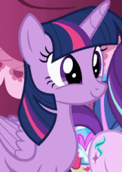 Size: 318x450 | Tagged: safe, imported from derpibooru, screencap, fluttershy, starlight glimmer, twilight sparkle, alicorn, pegasus, pony, unicorn, it isn't the mane thing about you, adorkable, animated, blinking, cute, dork, female, gif, mare, smiling, solo focus, twiabetes, twilight sparkle (alicorn)