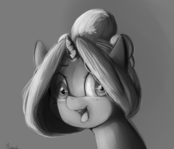 Size: 1400x1200 | Tagged: safe, artist:miokomata, imported from derpibooru, oc, oc only, pony, unicorn, female, mare, monochrome, open mouth, sketch, smiling, solo